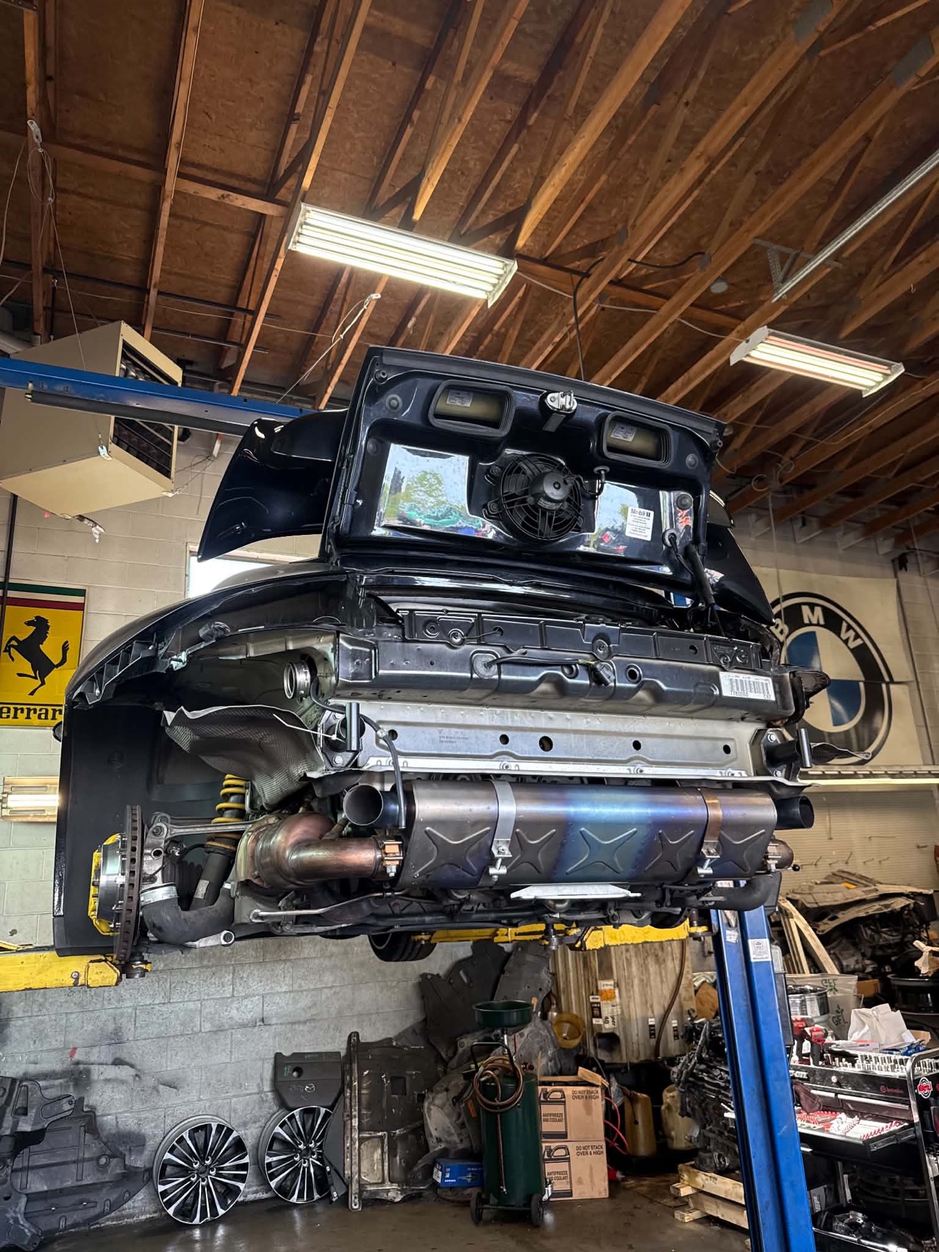 Mechanical work in progress on a vehicle at Advanced Autoworks in Burnaby